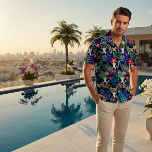 Stylish cow hawaiian shirt displayed with tropical beach background and farm elements