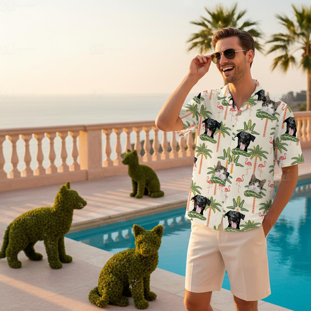 Vibrant flamingo tropical shirt worn at sunny beach boardwalk with palm trees and ocean backdrop