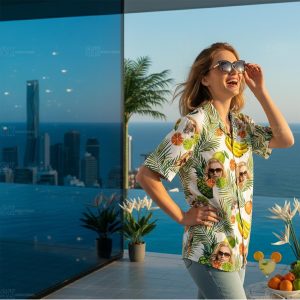 Woman shopping for colorful hawaiian shirts for women nearby at local retail store with tropical displays