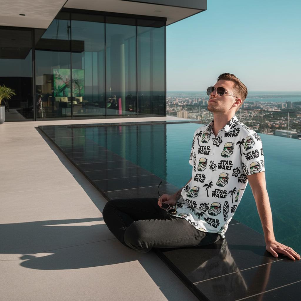 Vibrant hawaiian star wars shirts collection featuring tropical prints with Darth Vader and Stormtrooper designs on beach setting