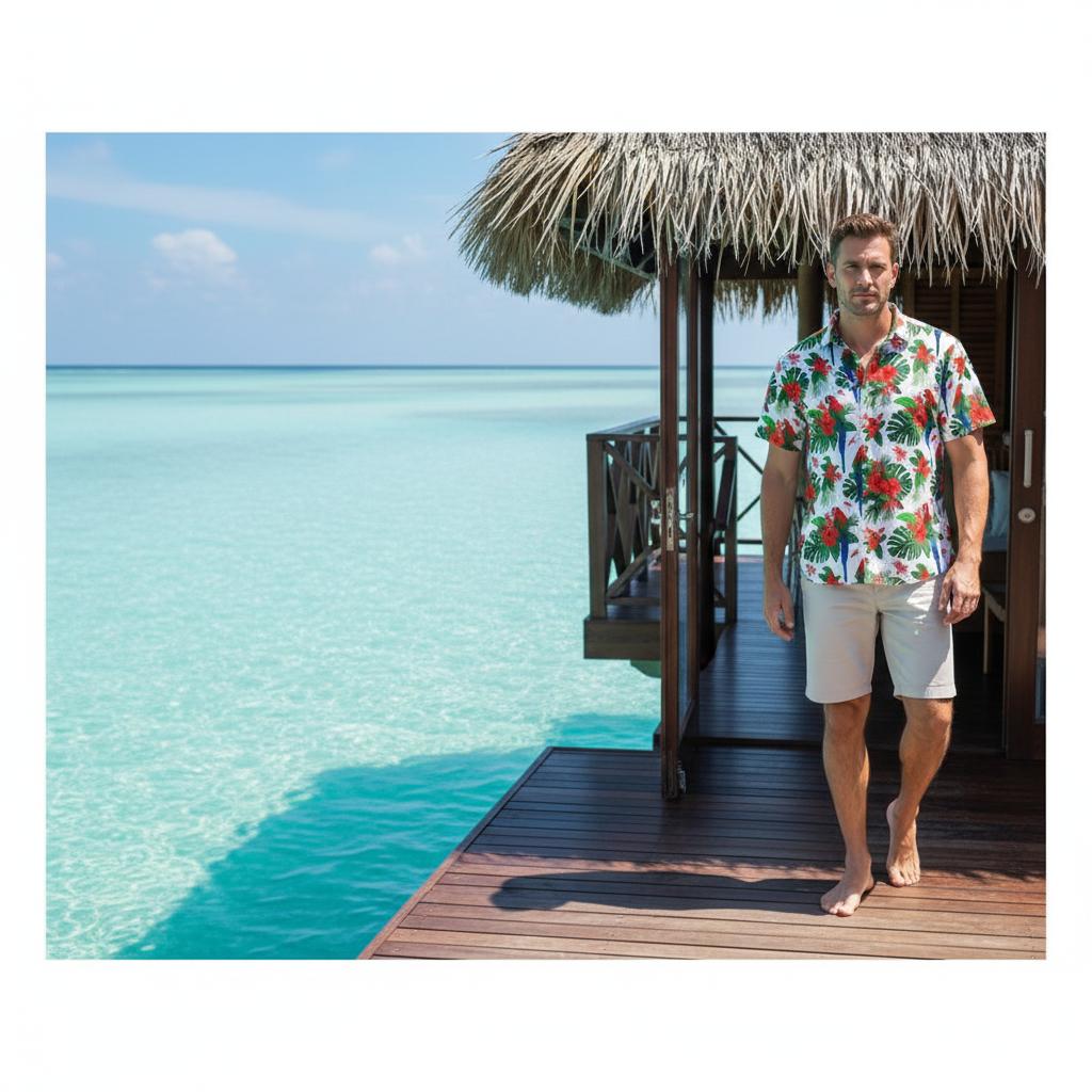 Man wearing vibrant parrot hawaiian shirt at tropical beach resort with palm trees and ocean background