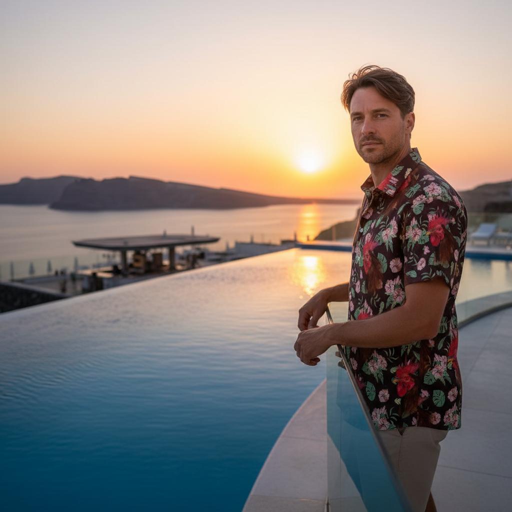 Rooster hawaiian shirt top gun Miles Teller Maverick beach scene casual summer pilot style