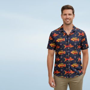 Vibrant Shark Hawaiian Shirt worn by person enjoying tropical beach vacation setting