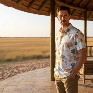 Person wearing colorful Turtle Hawaiian Shirt at tropical beach with sea turtles swimming in background