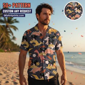 Dinosaur Hawaiian Shirt collection featuring T-Rex and tropical designs on colorful summer shirts for men and women