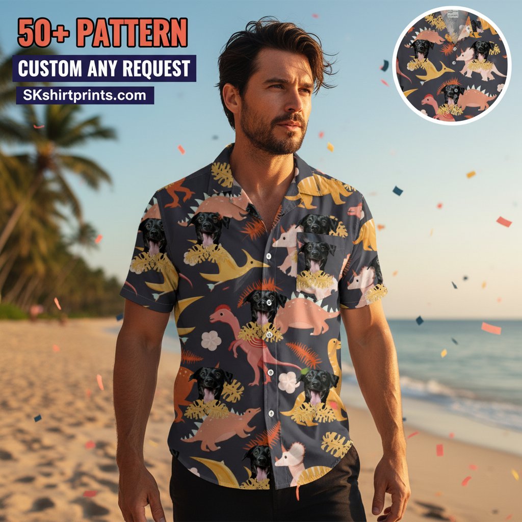 Dinosaur Hawaiian Shirt collection featuring T-Rex and tropical designs on colorful summer shirts for men and women