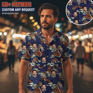 Dragon hawaiian shirt collection displaying various mythical designs and styles for men in tropical setting