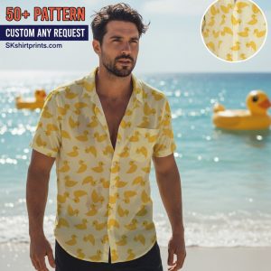 Duck Hawaiian Shirt collection showing colorful rubber duck and tropical designs for men, women, and kids in beach setting