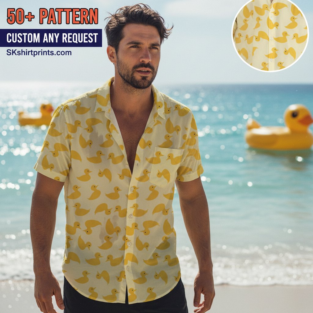 Duck Hawaiian Shirt collection showing colorful rubber duck and tropical designs for men, women, and kids in beach setting