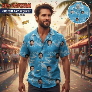 Hawaiian shirt dragon print collection featuring golden red and blue dragon designs on tropical backgrounds for men