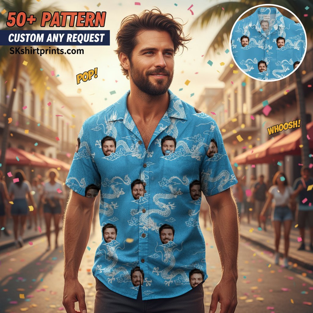 Hawaiian shirt dragon print collection featuring golden red and blue dragon designs on tropical backgrounds for men