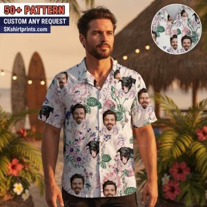 Hawaiian shirt with dog face custom design tropical pattern person wearing personalized pet photo apparel