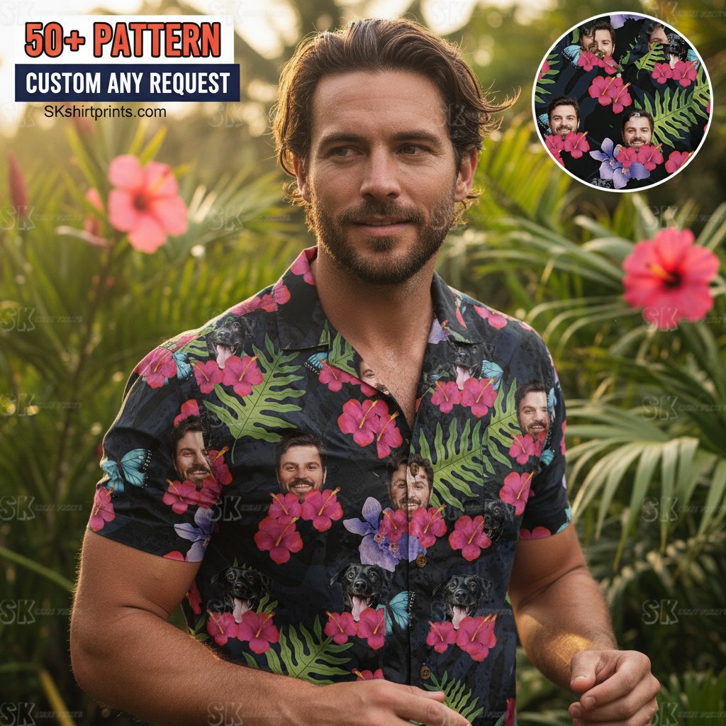 Hawaiian shirt with face designs showing custom dog and cat photos printed on colorful tropical patterns worn by happy customers
