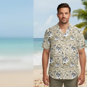 Man wearing vibrant hawaiian shirt with sharks walking on tropical beach boardwalk with palm trees
