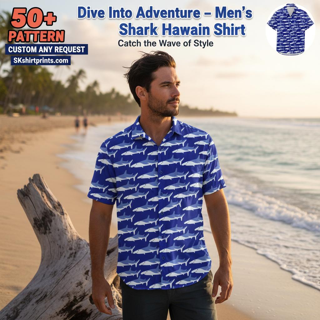 Ocean enthusiast wearing men's shark hawaiian shirt on coastal deck with sunrise ocean view
