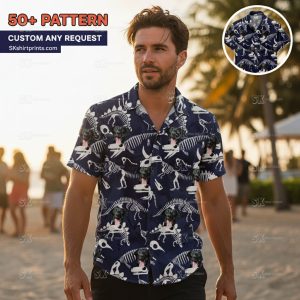 mens dinosaur hawaiian shirt collection featuring T-Rex and tropical prints for summer 2024 fashion guide