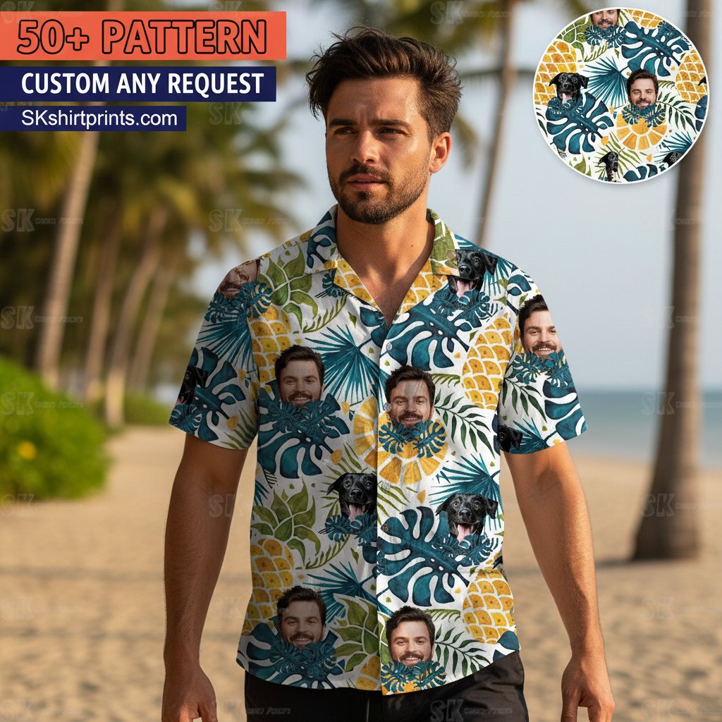 mens funny hawaiian shirts collection featuring custom face prints and animal designs for summer parties