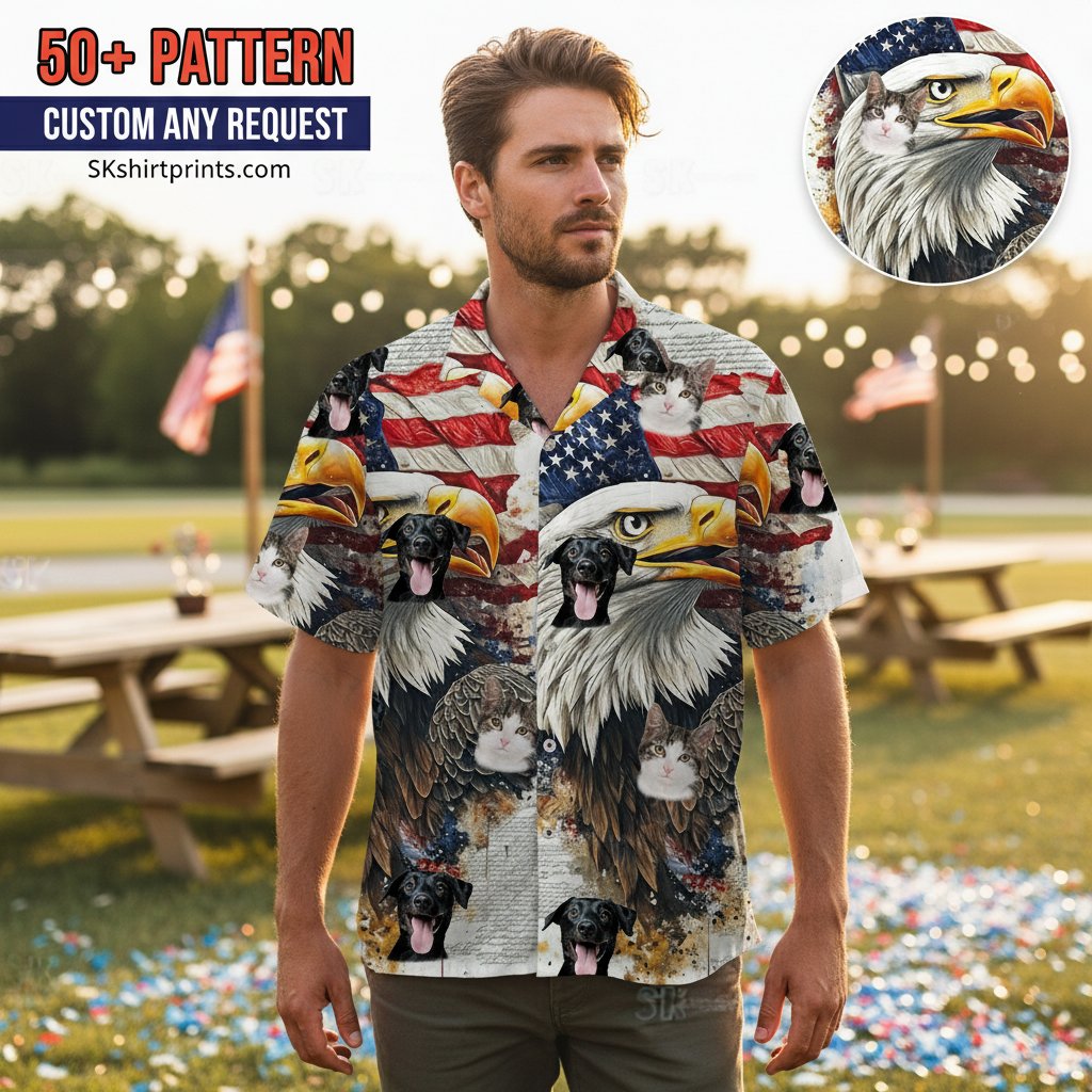 bald eagle hawaiian shirt worn by man at summer patriotic celebration with American flag background