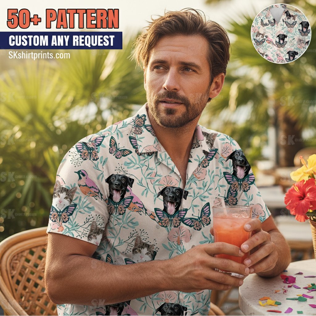 best tropical shirts collection featuring Hawaiian patterns and custom designs for men and women on tropical beach