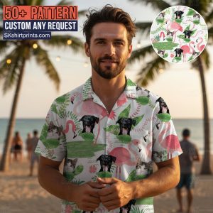 Colorful cat aloha shirt with tropical feline prints displayed on beach background with palm trees