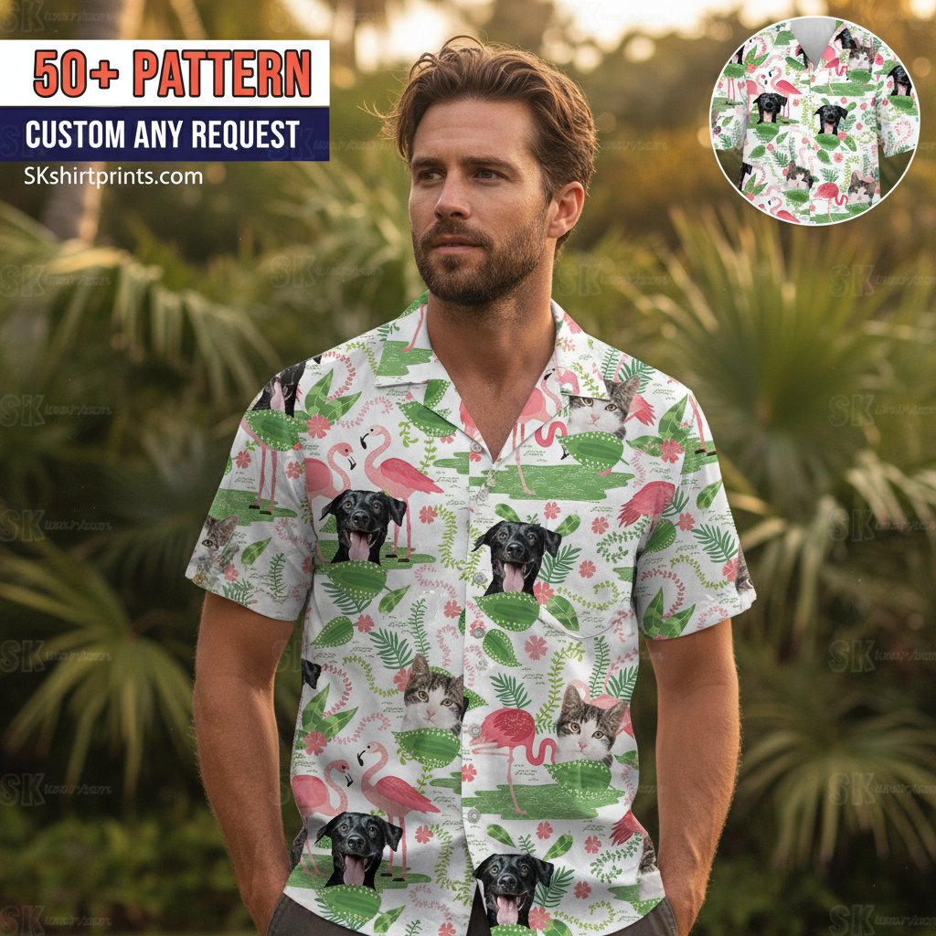 Cat themed Hawaiian shirt with tropical design perfect for cat lovers and vacation wear