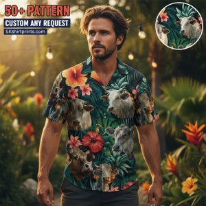 Cow hawaiian shirt with tropical farm print design worn by person on beach vacation with palm trees in background