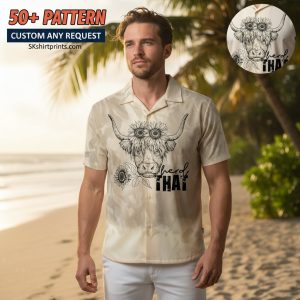 cow print shirt mens collection featuring Hawaiian and button-up styles in tropical beach setting