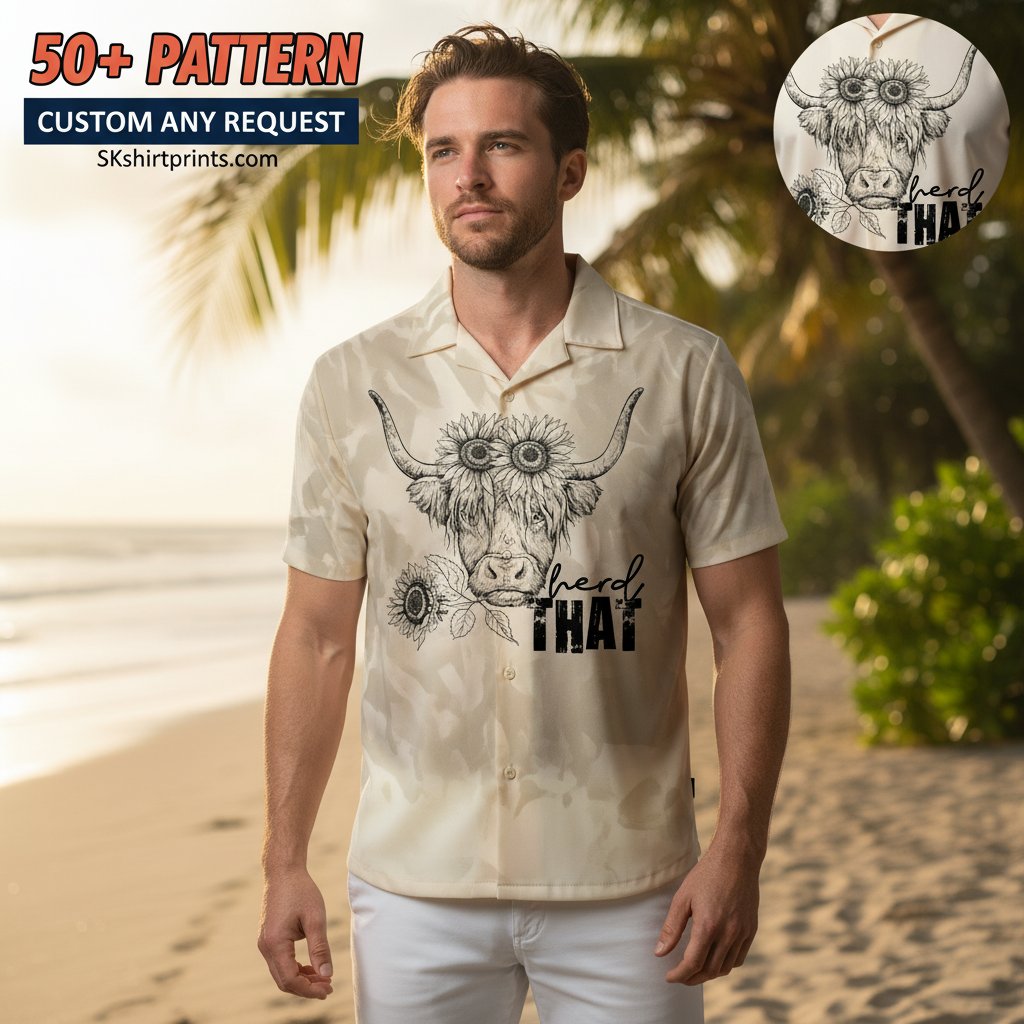 cow print shirt mens collection featuring Hawaiian and button-up styles in tropical beach setting