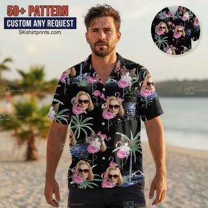 Colorful flamingo hawaiian shirt collection featuring custom face prints and tropical paradise designs for men and women