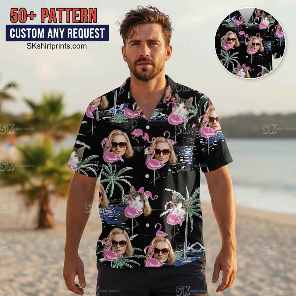 Colorful flamingo hawaiian shirt collection featuring custom face prints and tropical paradise designs for men and women