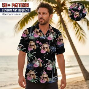 flamingo hawaiian shirt collection showing colorful tropical designs for men and women on beach setting