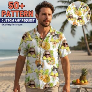 hawaiian button down shirt women's colorful tropical print styling on beach boardwalk setting