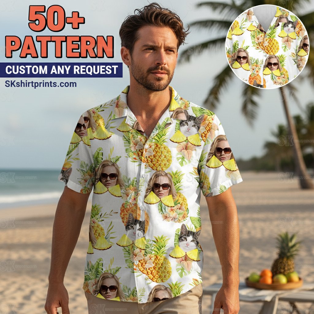 hawaiian button down shirt women's colorful tropical print styling on beach boardwalk setting