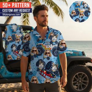 Colorful jeep hawaiian shirt displayed with tropical background and vintage car imagery for automotive enthusiasts