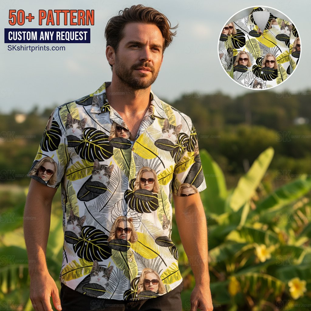 Woman and cat wearing coordinating tropical Hawaiian shirts on sunny beach vacation