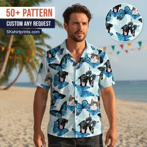 mens hawaiian cat shirt collection showing various tropical feline designs and custom photo options