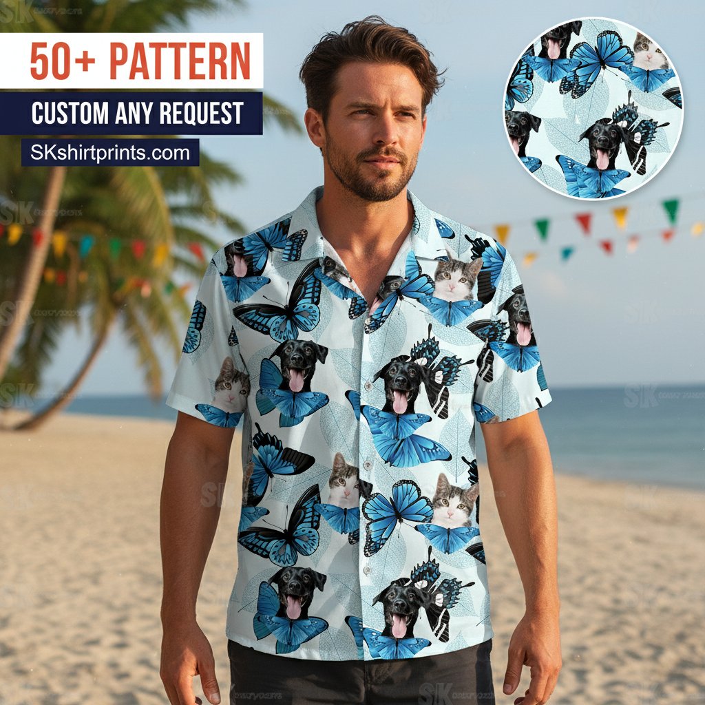 mens hawaiian cat shirt collection showing various tropical feline designs and custom photo options