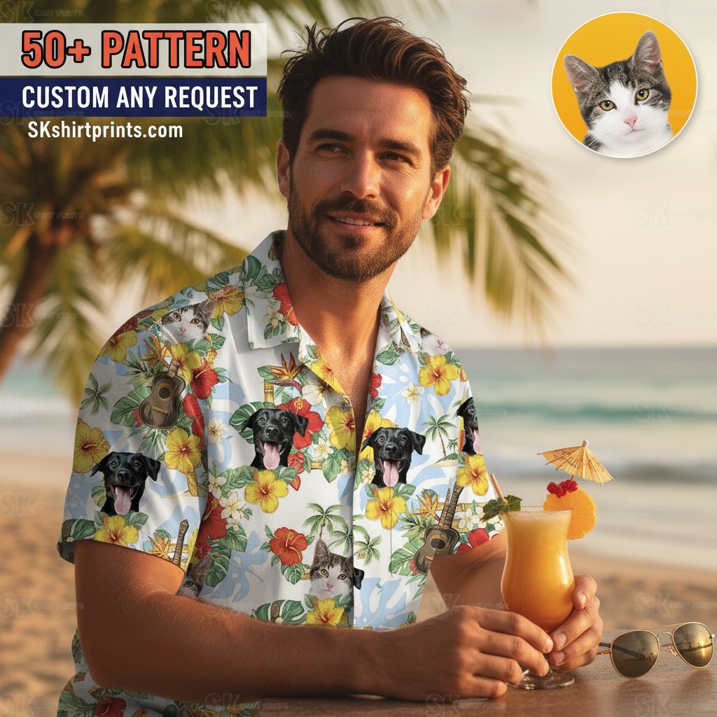 mens tropical short sleeve shirts collection featuring Hawaiian prints and custom designs on beach setting