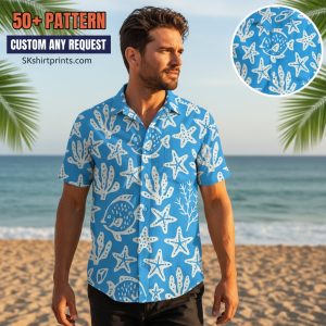 Colorful octopus hawaiian shirt displayed on beach background with ocean waves and tropical setting