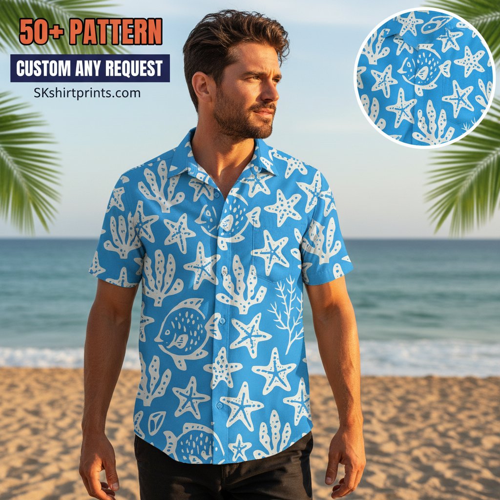 Colorful octopus hawaiian shirt displayed on beach background with ocean waves and tropical setting