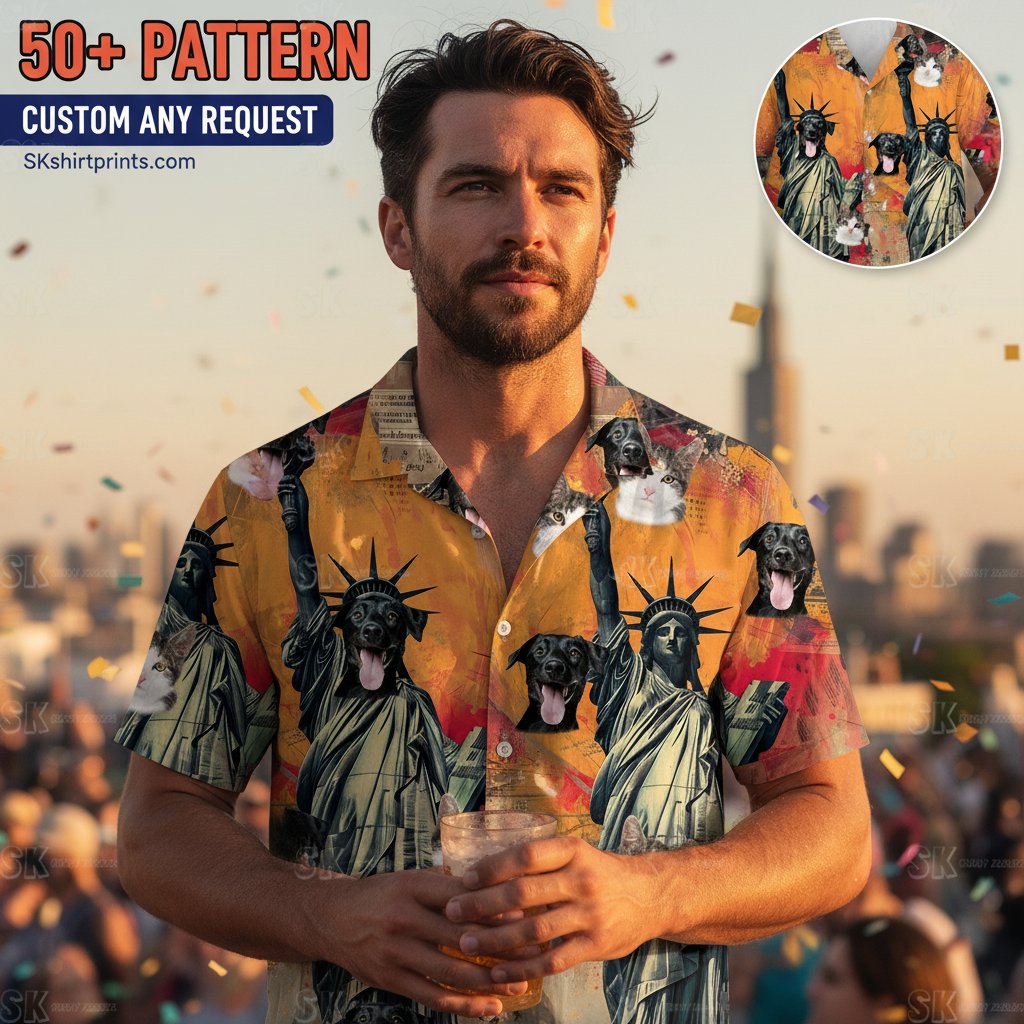 patriotic hawaiian shirt with American flag design worn at beach celebration with red white and blue decorations