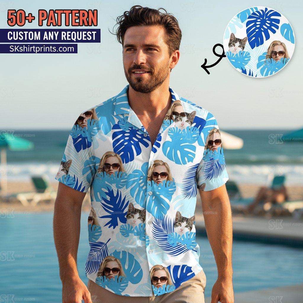 Short sleeve womens hawaiian shirts displayed on tropical background with palm leaves and vibrant floral patterns