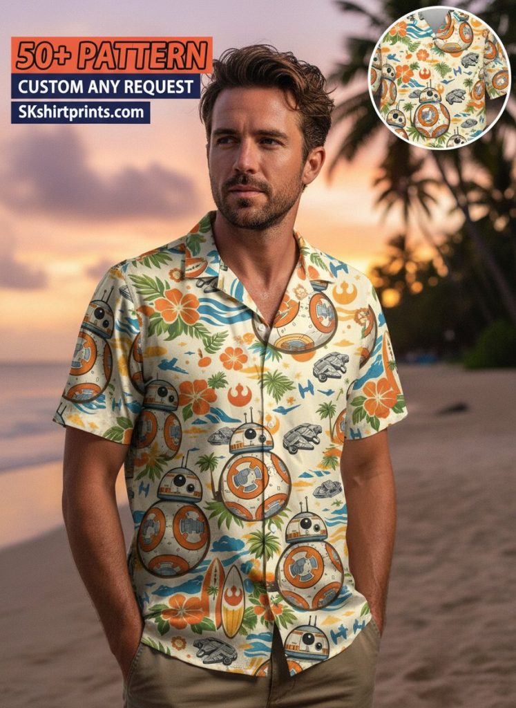 star wars hawaiian shirt collection featuring galactic characters in tropical paradise setting with palm trees