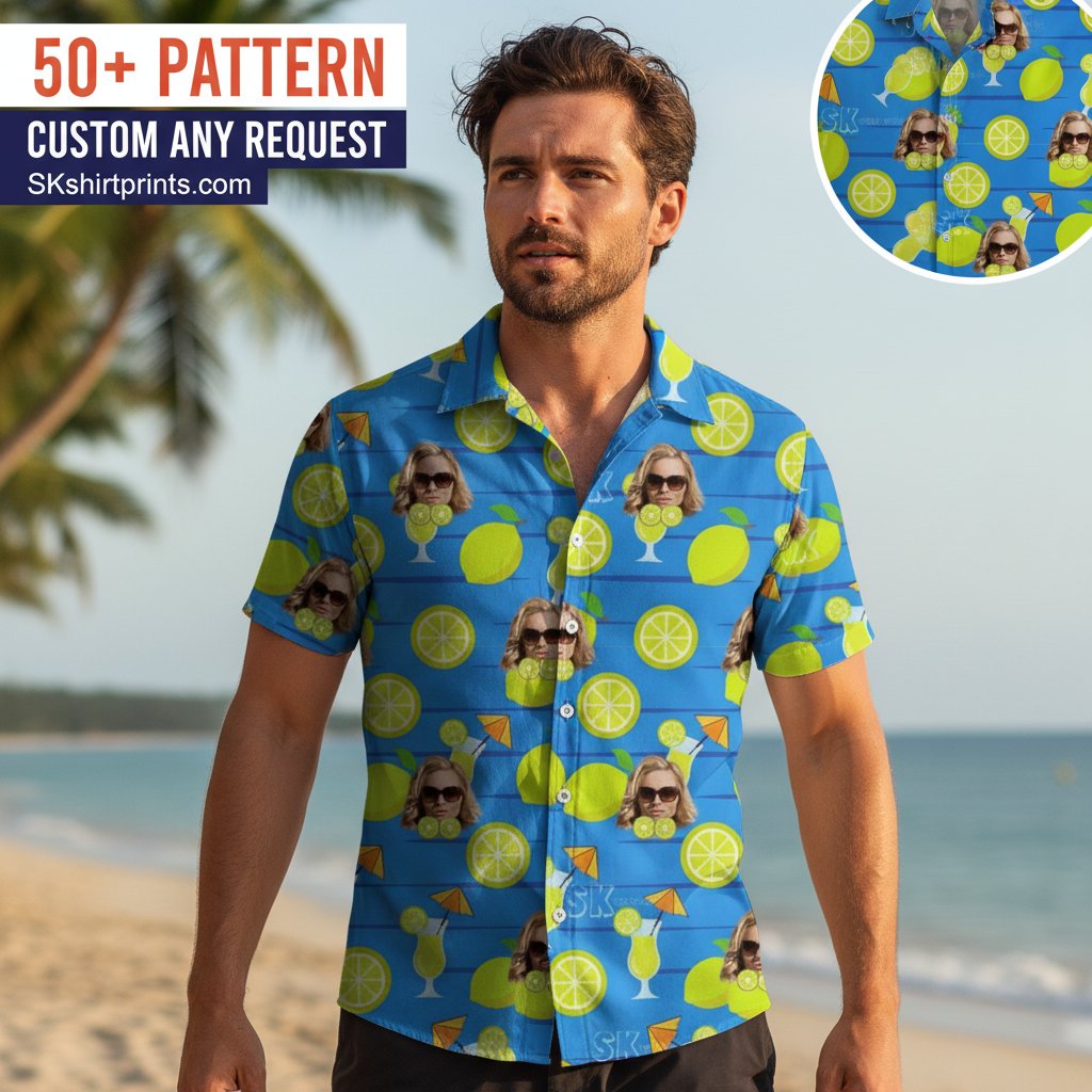 tropical shirts for women in vibrant Hawaiian prints displayed on models in tropical beach setting
