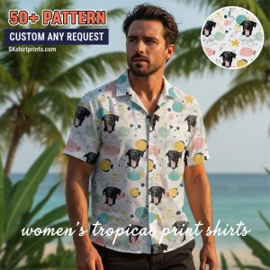 womens tropical print shirts collection featuring vibrant Hawaiian floral patterns and island-inspired designs displayed on models