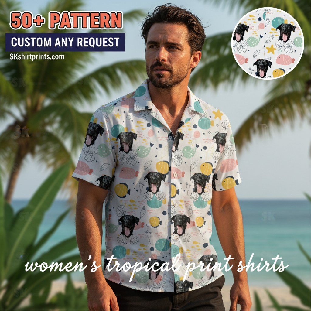 womens tropical print shirts collection featuring vibrant Hawaiian floral patterns and island-inspired designs displayed on models