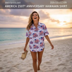 Patriotic Hawaiian shirts with America 250th anniversary designs featuring eagles and fireworks for 2026 celebration