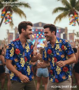Collection of blue aloha shirts in various shades from navy to light blue with tropical pineapple and palm tree prints