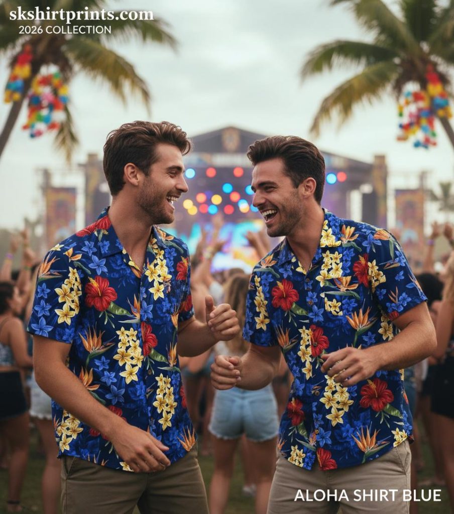 Collection of blue aloha shirts in various shades from navy to light blue with tropical pineapple and palm tree prints