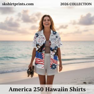 America 250 Hawaiian shirt collection featuring patriotic designs for Independence Day 2026 celebrations